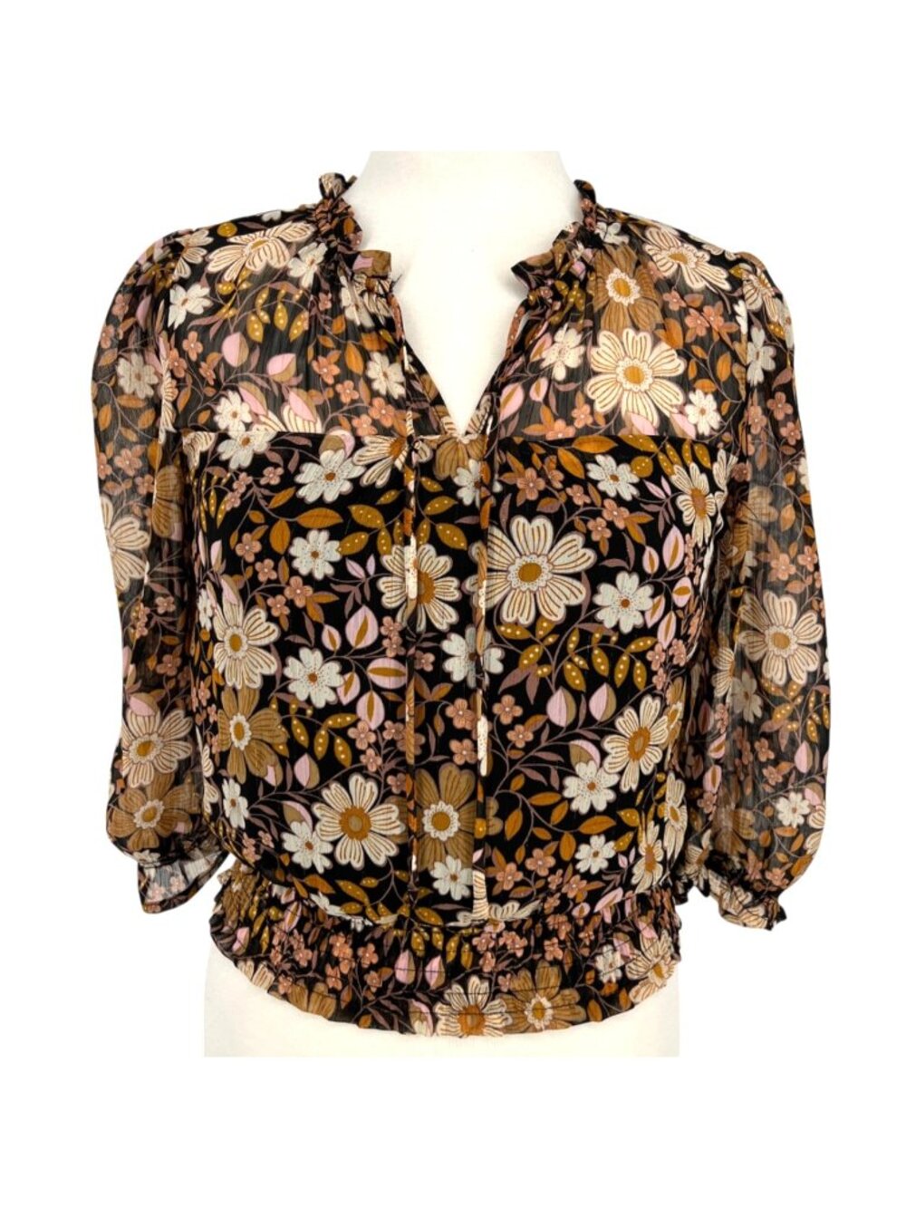 Monteau Floral Metallic Sheer Blouse Half Sleeves Size Medium Cottage Romantic